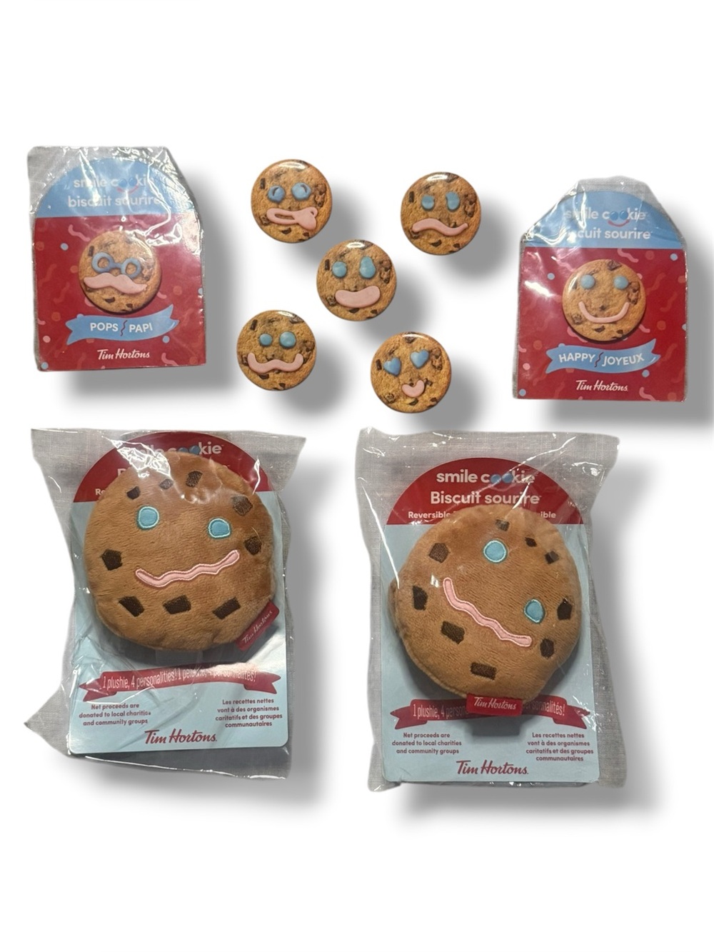 Tim Hortons Smile Cookie Lot 20022-26 Reversible Plush 2 Sealed, 7 Pins 2 Sealed